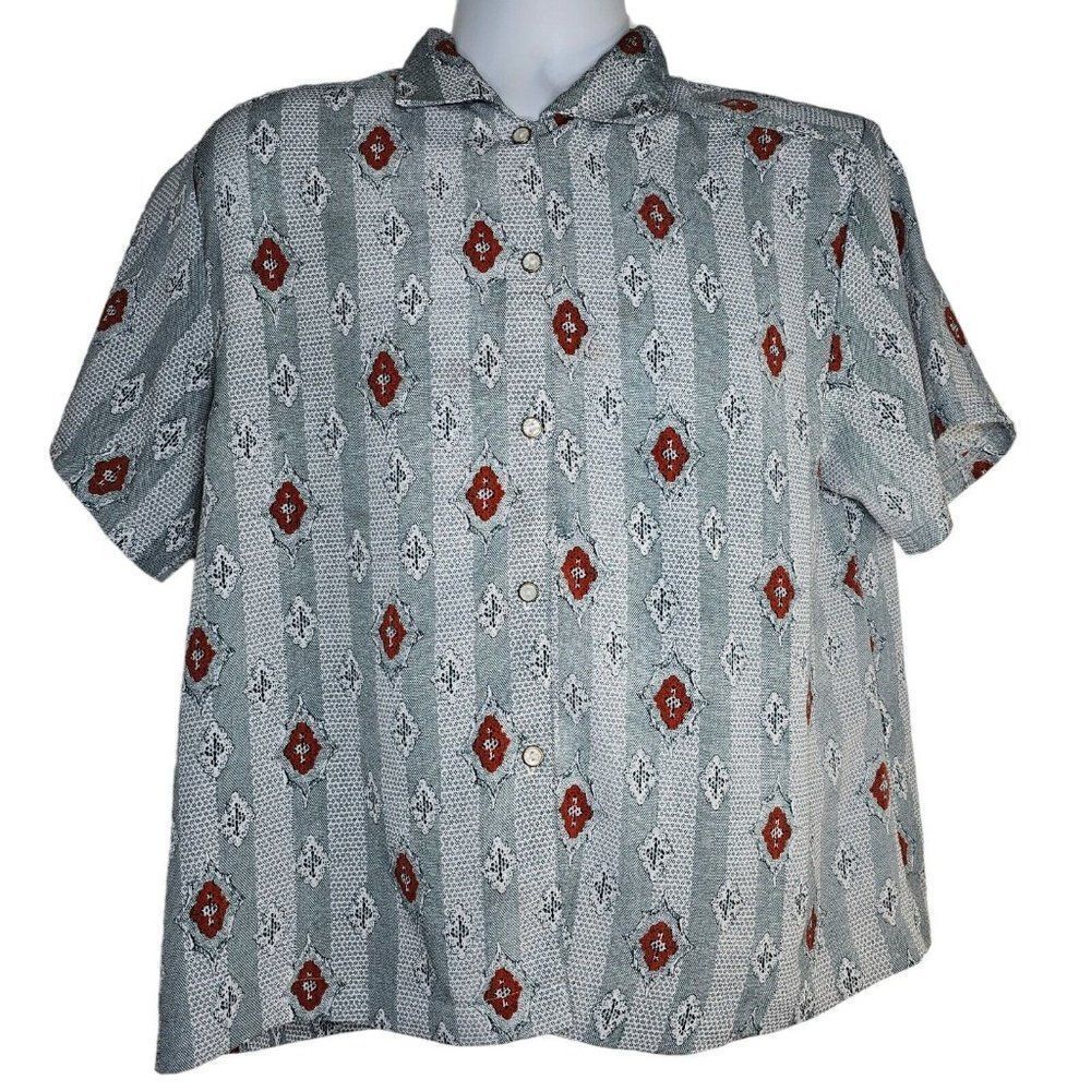 Vintage 70s Kam Lung Button Up Shirt Blouse Womens L Gray Diamonds